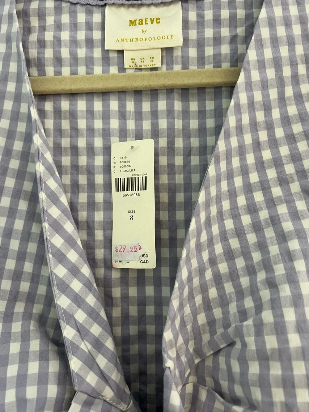 NWT Anthropologie Maeve Lavender and White Gingham Tie-Front Puff Sleeve Blouse